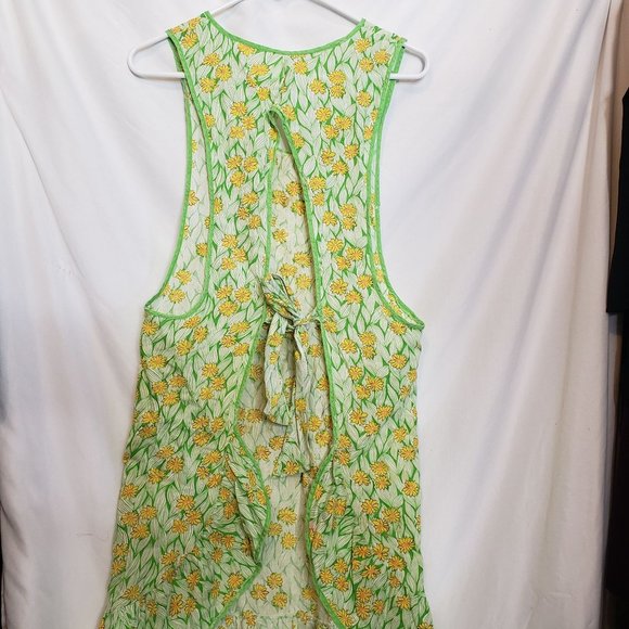 Vintage Apron Handmade Pullover Tie Waist Lime Green Yellow Daisy Print Pocket - Picture 7 of 11